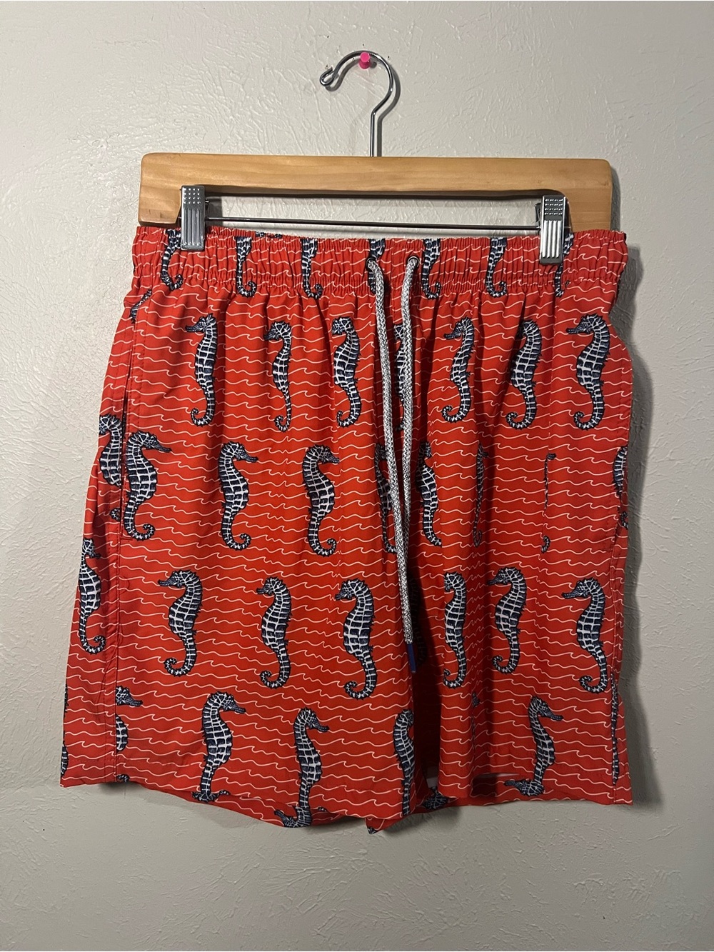 Men’s RAINFOREST Red Swim Shorts with Navy Seahorse Print Size Small